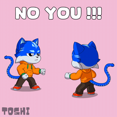 A Cartoon Of Two Cats Pointing At Each Other With The Words " No You !!! " Behind Them GIF