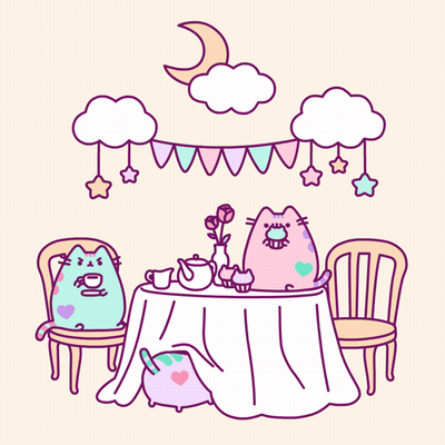 A Cartoon Of Two Cats Sitting At A Table With Cupcakes GIF