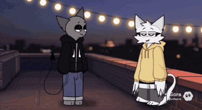 A Cartoon Of Two Cats Standing Next To Each Other With Sora Software On The Bottom Left GIF