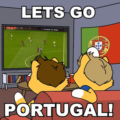 A Cartoon Of Two Cats Watching A Soccer Game With The Words Lets Go Portugal Below Them GIF