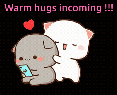 A Cartoon Of Two Cats With The Words Warm Hugs Incoming !!! GIF