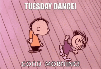 A Cartoon Of Two Children Dancing On A Wooden Floor With The Words `` Tuesday Dance ! Good Morning ! '' GIF