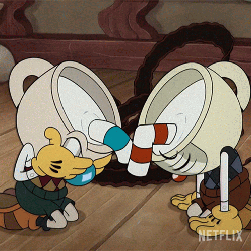 A Cartoon Of Two Cuphead Characters Drinking From A Cup GIF