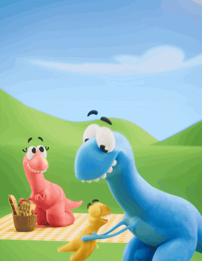 A Cartoon Of Two Dinosaurs Having A Picnic With A Basket Of Food GIF