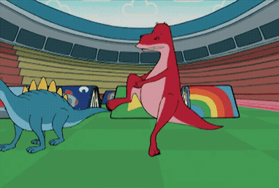 A Cartoon Of Two Dinosaurs Standing In A Stadium With A Rainbow In The Background GIF