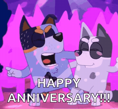 A Cartoon Of Two Dogs Dancing With The Words Happy Anniversary !!! GIF