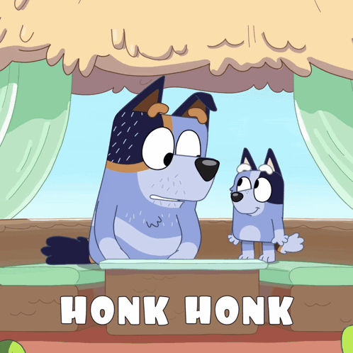 A Cartoon Of Two Dogs Standing Next To Each Other With Honk Honk Written Below Them GIF