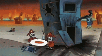 A Cartoon Of Two Firefighters Holding A Pizza In Front Of A Burning Building . GIF