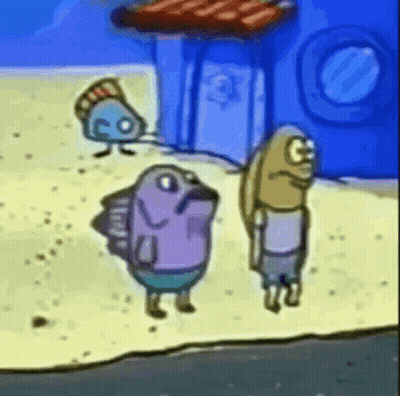 A Cartoon Of Two Fish Standing Next To Each Other On A Beach . GIF