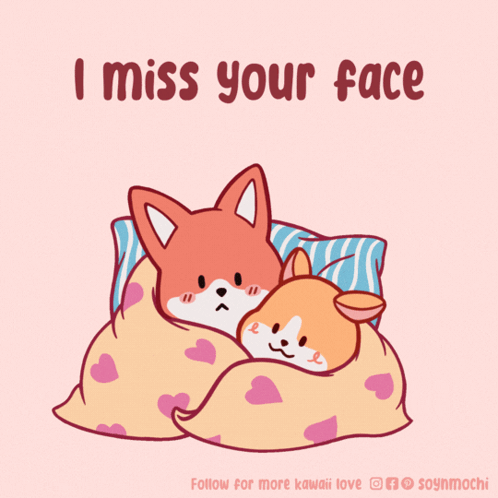 A Cartoon Of Two Foxes Hugging Each Other With The Words " I Miss Your Face " On The Bottom GIF