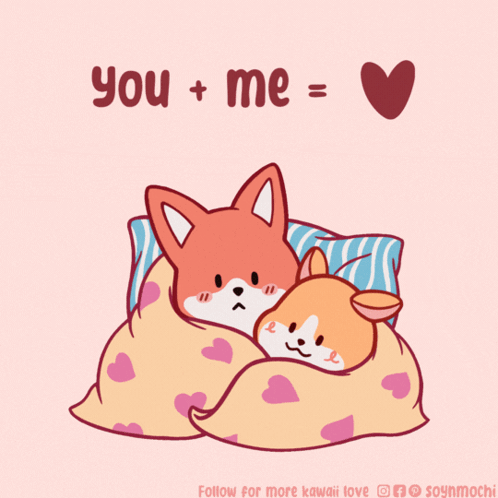 A Cartoon Of Two Foxes Sleeping Under A Blanket With The Words You + Me = Love Below Them GIF