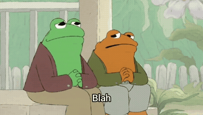 A Cartoon Of Two Frogs Sitting Next To Each Other With Blah Written On The Bottom GIF