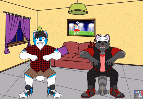 A Cartoon Of Two Furry Guys In A Living Room With A Picture On The Wall That Says ' Soccer ' On It GIF