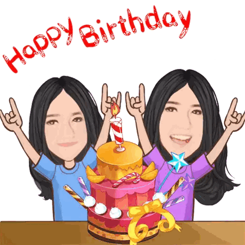 A Cartoon Of Two Girls Celebrating A Birthday With A Birthday Cake Sticker
