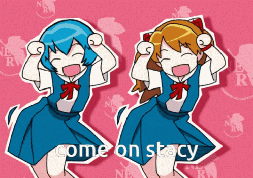 A Cartoon Of Two Girls Dancing With The Words Come On Stacy On The Bottom GIF