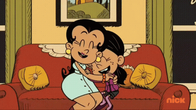 A Cartoon Of Two Girls Hugging Each Other On A Couch With Nick Written On The Bottom Right GIF