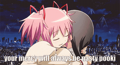 A Cartoon Of Two Girls Hugging With The Words Your Mercy Will Always Be Nasty Pooki GIF