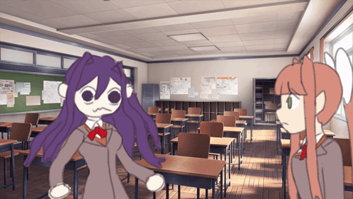 A Cartoon Of Two Girls In A Classroom With Papers On The Wall GIF