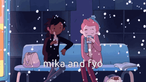 A Cartoon Of Two Girls Sitting On A Bench With The Words Mika And Fyo GIF
