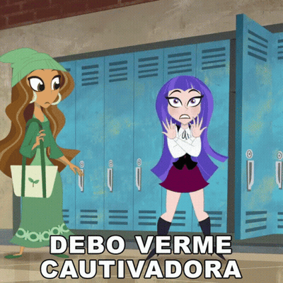 A Cartoon Of Two Girls Standing In Front Of Lockers With The Words Debo Verme Cautivadora On The Bottom GIF