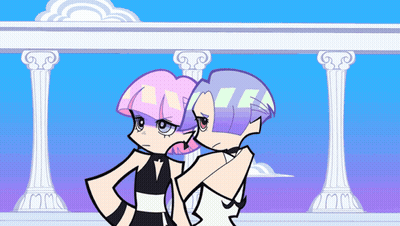A Cartoon Of Two Girls Standing Next To Each Other GIF