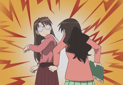 A Cartoon Of Two Girls Standing Next To Each Other With Lightning Bolts In The Background GIF