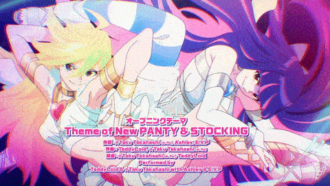 A Cartoon Of Two Girls With The Words Theme Of New Panty & Stocking GIF