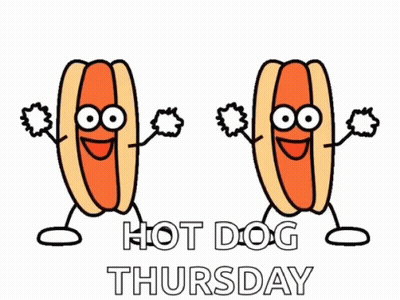 A Cartoon Of Two Hot Dogs With Faces And Arms And The Words Hot Dog Thursday GIF