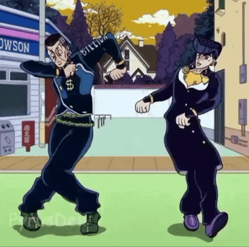 A Cartoon Of Two Men Dancing In Front Of A Store Called Lawson . GIF