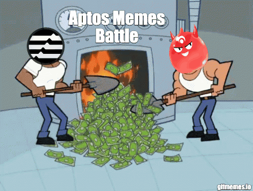 A Cartoon Of Two Men Digging In A Pile Of Money With The Words Aptos Memes Battle Above Them GIF