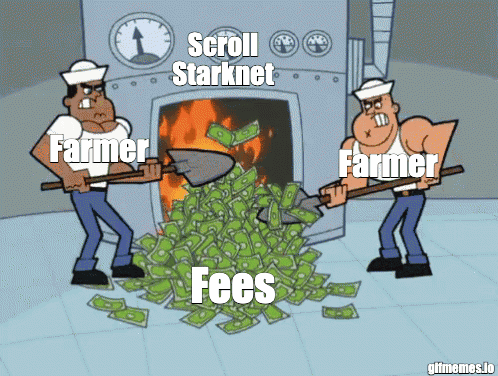 A Cartoon Of Two Men Digging Into A Pile Of Money With The Words Scroll Starknet Farmer Fees GIF