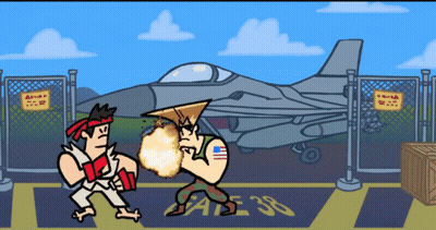 A Cartoon Of Two Men Fighting In Front Of A Fence With Gate 38 On It GIF