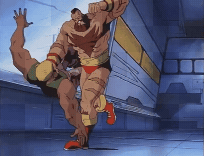 A Cartoon Of Two Men Fighting With One Wearing Red Shoes GIF