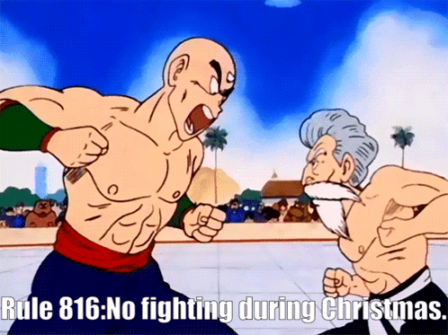 A Cartoon Of Two Men Fighting With Rule 818 No Fighting During Christmas GIF