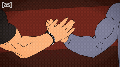 A Cartoon Of Two Men Giving Each Other A High Five With The Letters [ As ] Above Them GIF