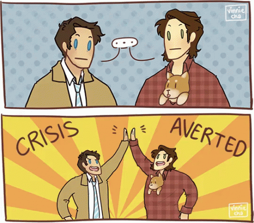 A Cartoon Of Two Men Giving Each Other A High Five With The Words Crisis Written On The Bottom GIF