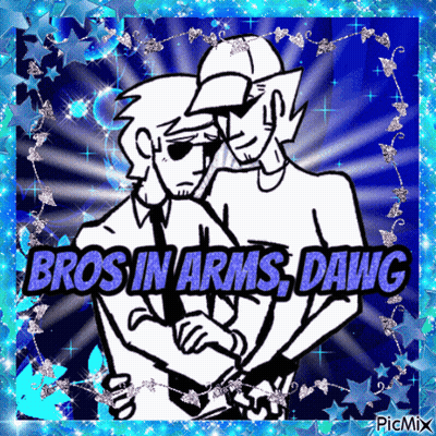 A Cartoon Of Two Men Hugging With The Words Bros In Arms Dawg GIF