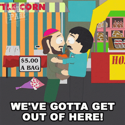 A Cartoon Of Two Men Hugging With The Words We 'Ve Gotta Get Out Of Here Below Them GIF