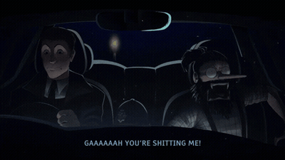 A Cartoon Of Two Men In A Car With The Words " You 'Re Shitting Me My Pants Your Pants " GIF