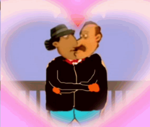 A Cartoon Of Two Men Kissing With A Heart Behind Them GIF