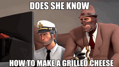 A Cartoon Of Two Men Looking At A Computer Screen With The Caption Does She Know How To Make A Grilled Cheese GIF