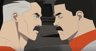 A Cartoon Of Two Men Looking At Each Other With Their Eyes Closed GIF