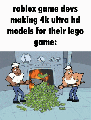 A Cartoon Of Two Men Making 4K Ultra Hd Models For Their Lego Game With A Pile Of Money GIF