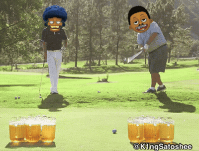 A Cartoon Of Two Men Playing Golf With Beer Mugs In The Foreground And @Kingsatoshee At The Bottom GIF