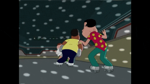 A Cartoon Of Two Men Rollerblading In A Rink GIF