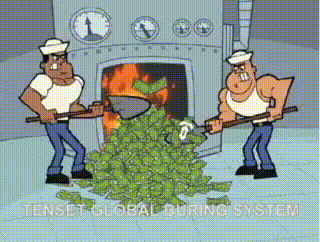 A Cartoon Of Two Men Shoveling A Pile Of Money With The Words " Tenset Global Burning System " Below Them GIF