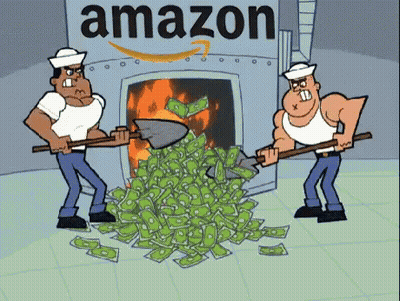 A Cartoon Of Two Men Shoveling Money In Front Of An Amazon Logo GIF