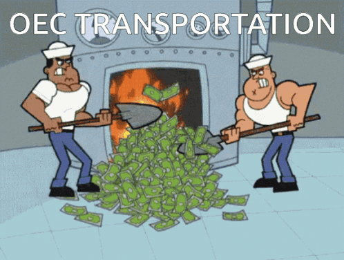 A Cartoon Of Two Men Shoveling Money Into A Fireplace With The Words Oec Transportation Written On The Bottom GIF