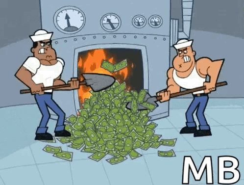 A Cartoon Of Two Men Shoveling Money Into A Furnace With The Letters Mb Below Them GIF