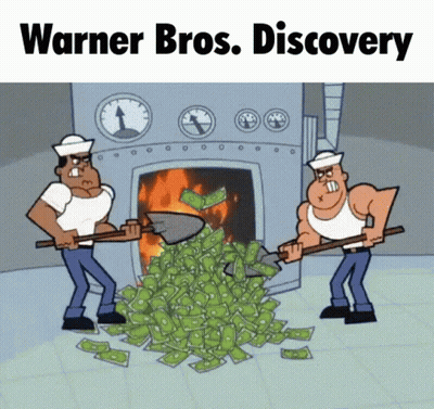 A Cartoon Of Two Men Shoveling Money Into A Furnace With The Words Warner Bros. Discovery Below Them GIF